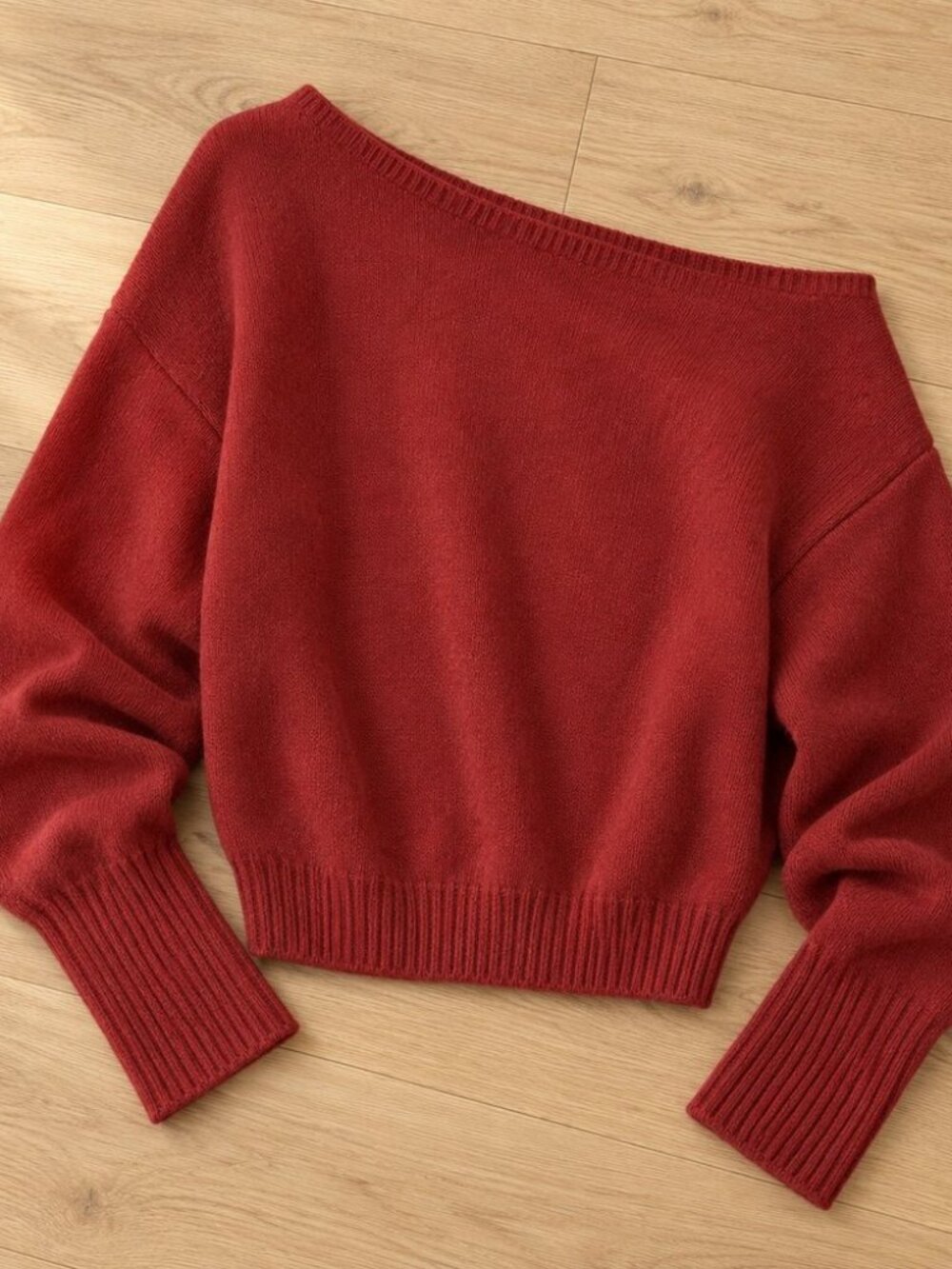 Red off shoulder knit sweater - one shoulder slouchy cropped sweater